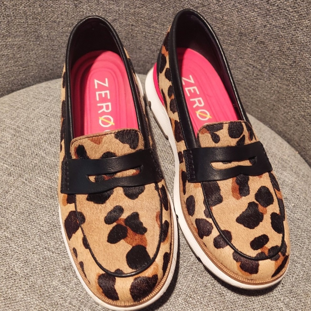 Cole Haan Zerogrand Leopard Calf Hair Penny Loafers Black Pink Animal Print